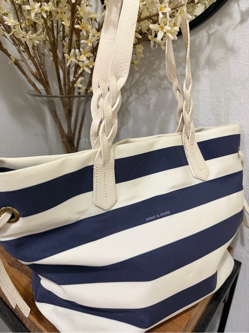 Dooney & Bourke Navy and Cream Striped Tote with Braided leather Handles - Picture 4 of 9